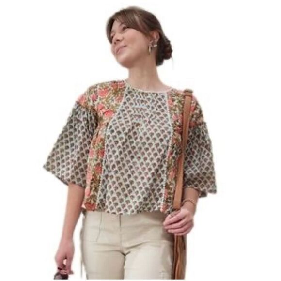 Rachel Zoe Womens Floral‎ Boho Bell Sleeve Pleated Flowy Blouse Multicolor Small - Picture 1 of 11